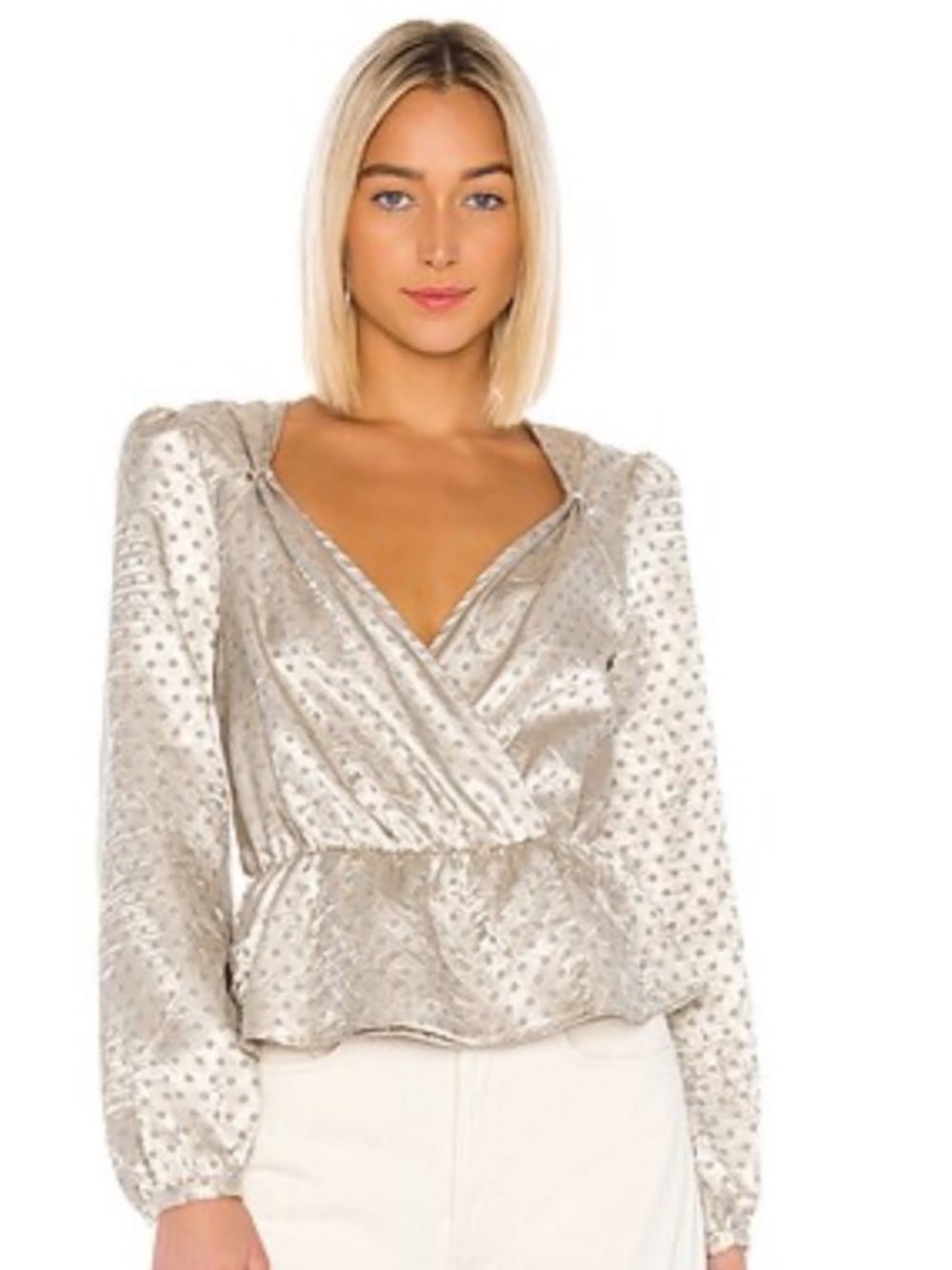 LPA Pinched Shoulder Top in Dusty Gold Faux Wrap Peplum Blouse XS